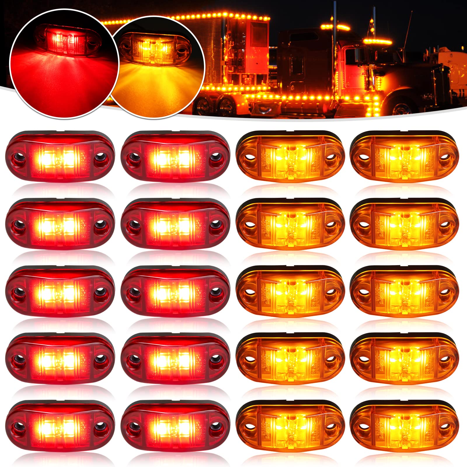 Psdriqq Led Trailer Lights Kit Front Rear Side Marker Clearance Indicators Light Lamp, 10Pack Amber + 10Pack Red Dc12-24V 2.5''